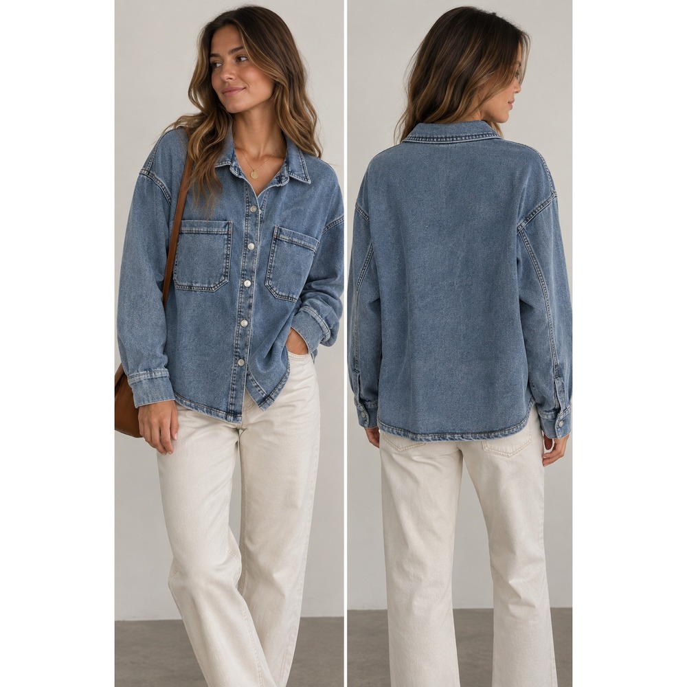 Jane + Delancey Women Large Blue Acid Wash Cotton Blend Knit Denim Shacket